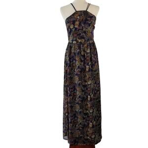 SugarLips Navy Blue Green Rust Tan Paisley Sheer Overlay Maxi Boho Dress Medium